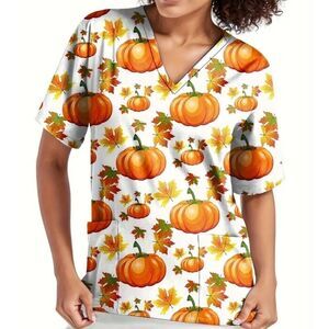 Thanksgiving Scrub top Women’s size Small Medium 6 pumpkin Nurse healthcare